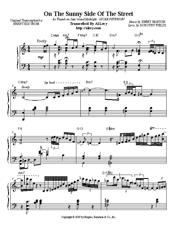 Oscar Peterson S On The Sunny Side Of The Street Piano Solo Transcribed And Sequenced By Al Levy To Order The Sheet Music Or The Complete Midi File Click Here Back To Oscar Peterson S Page Return To The Lounge Split To Main Lobby Or Send Me A